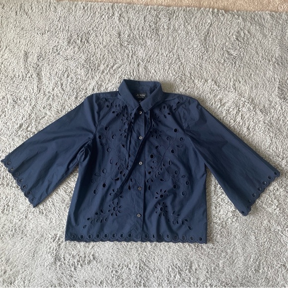 J Crew Collection Top Navy Blue Eyelet Button Blouse Cotton Poplin Shirt Sz M - Picture 3 of 14